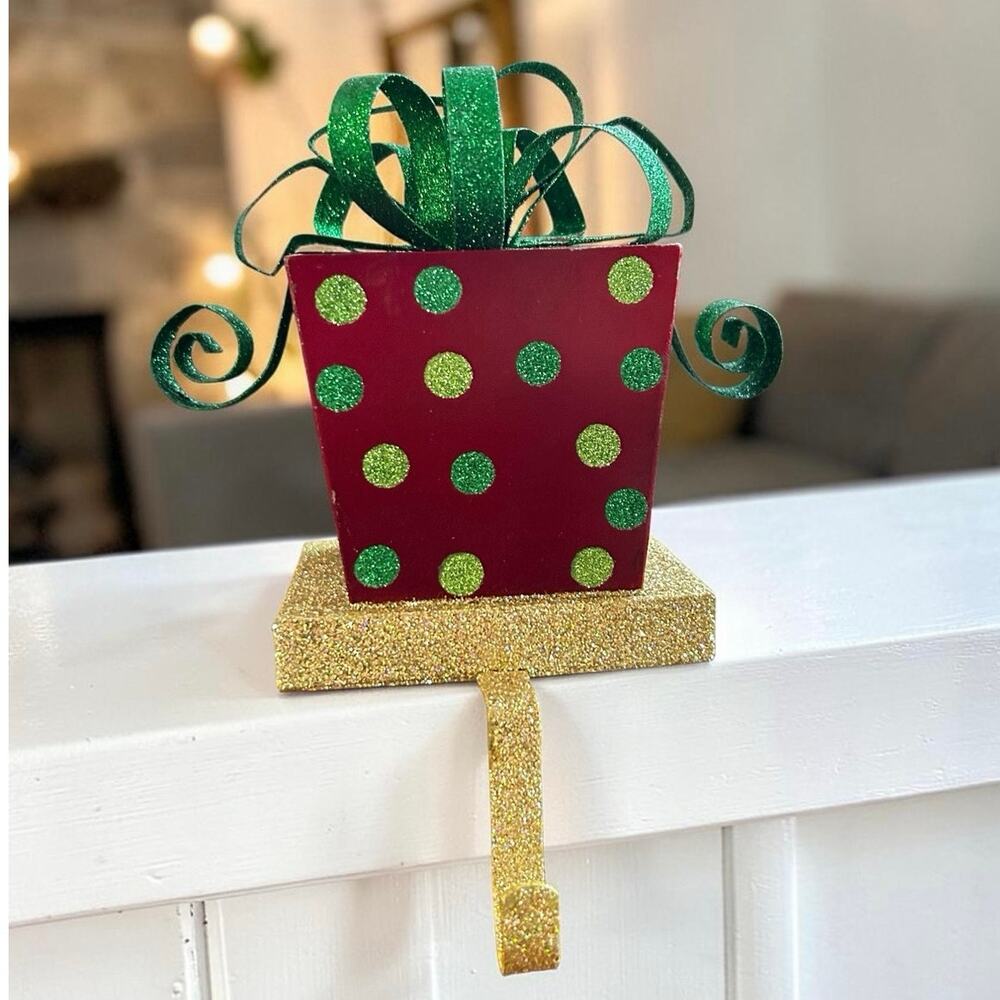 Christmas Stocking Hanger Red W/Green Dots. Gold Glitter Base Grinchy Look
